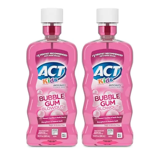 ACT Kids mouthwash bottle with bubble gum flavor and built-in dosing cup