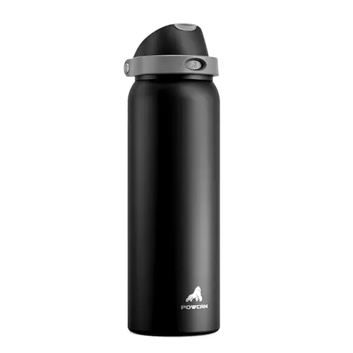 POWCAN insulated water bottle with push-button lid in midnight black