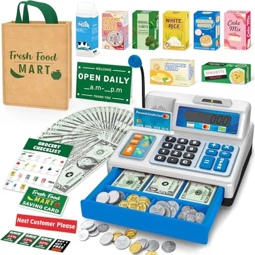 Calculator cash register toy with extensive grocery play set