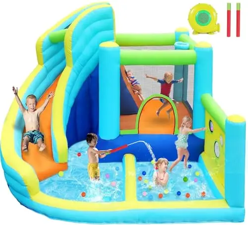 FBSPORT inflatable bounce house with slide, climbing wall, and basketball hoop