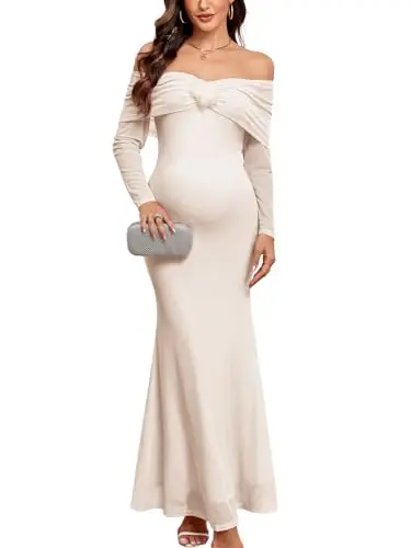 AISWI off-shoulder mermaid maxi maternity dress with floral mesh