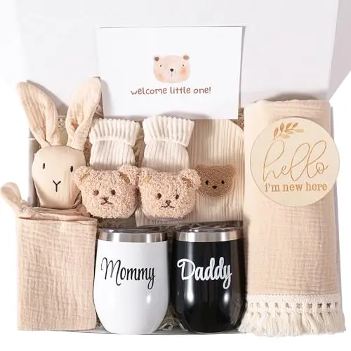 ELEMENU New Mom Gifts set with stainless steel tumblers, baby swaddle blanket, and bear-themed accessories