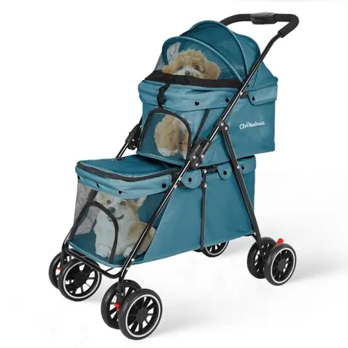 Chihuahua double pet stroller in green with two compartments