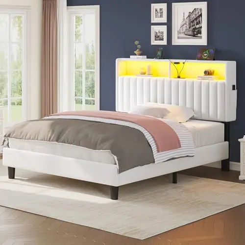 Seventable twin bed frame with white velvet upholstered headboard and LED lights