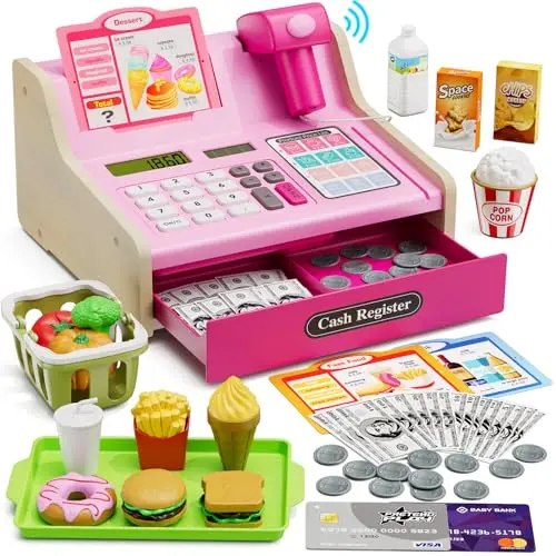 Wee Wonders wooden cash register with rechargeable battery and scanner