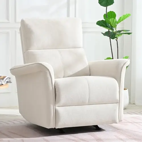 QKFF overstuffed manual rocker recliner chair in beige snowflake fleece