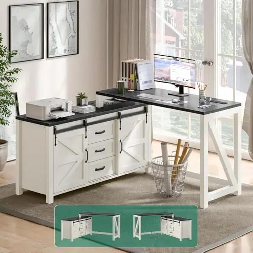 Vabches L-shaped executive desk in white with drawers and cabinet