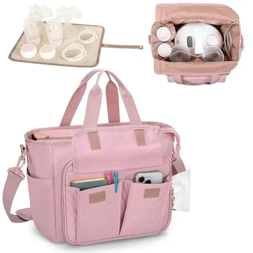 LUXJA pink breast pump storage bag with waterproof mat for Spectra