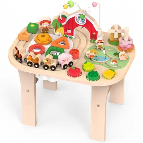 Farm-themed wooden activity table with bead maze and train track