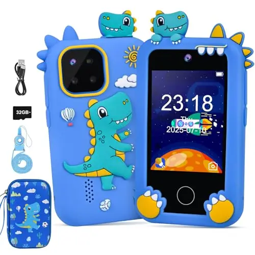 Elecoutek dinosaur-themed kids phone with dual cameras and educational games