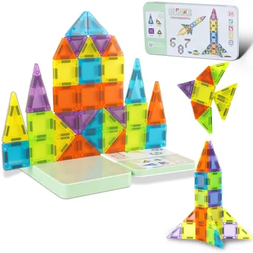 Vrythn mini magnetic tiles in colorful shapes with storage iron box