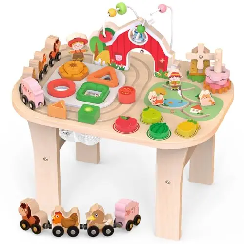 Kids wooden farm activity table with bead maze and animal train
