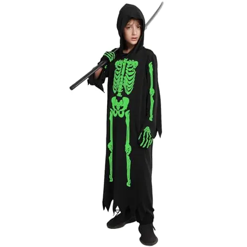 Glow-in-the-dark grim reaper costume with skeleton design for kids