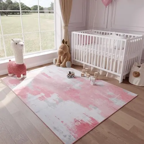 Kelarea pink abstract pattern nursery rug with modern design