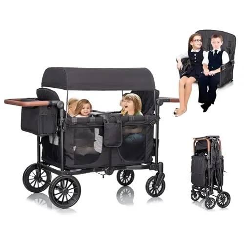 Voupou 4 seater wagon stroller in black with adjustable canopy and storage features