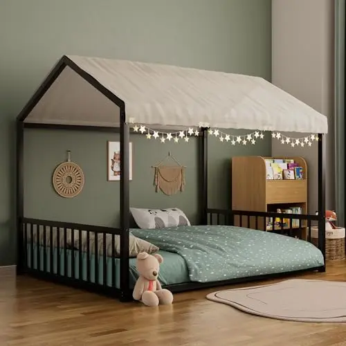 Merax black metal house-shaped floor bed with vertical safety guardrails